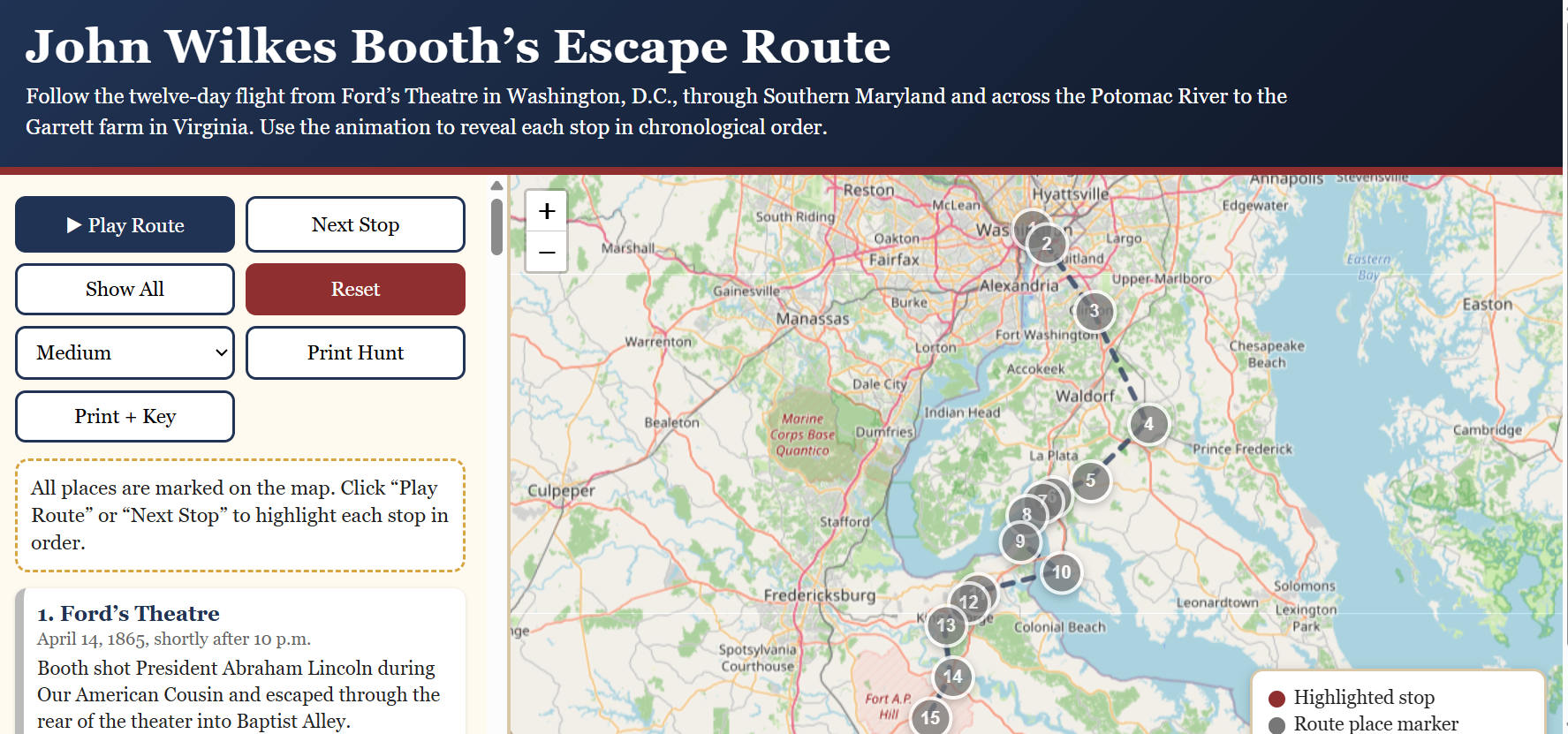 The Escape of John Wilkes Booth Interactive Map and Scavenger Hunt